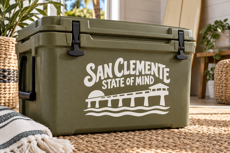 Vinyl decal reading San Clemente State of Mind with pier and waves graphic