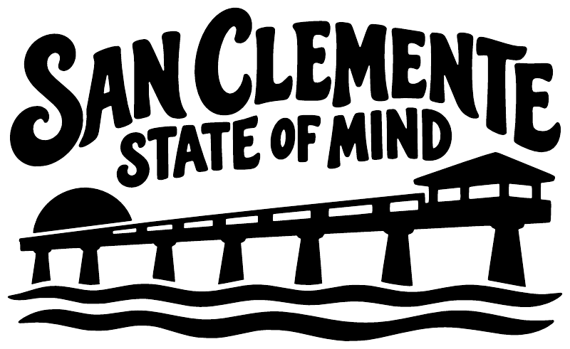 Black vinyl decal with bold SAN CLEMENTE text, STATE OF MIND, pier and waves