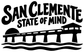 Black vinyl decal with bold SAN CLEMENTE text, STATE OF MIND, pier and waves