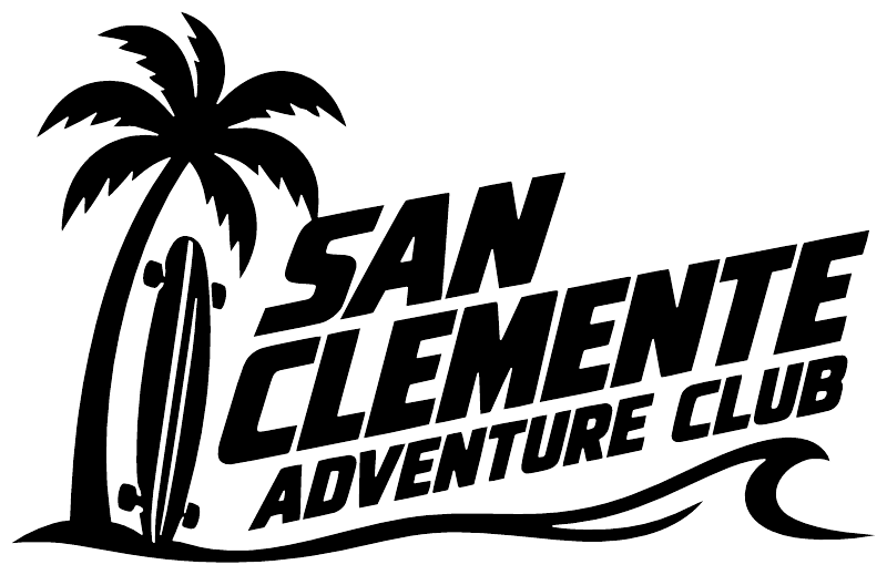 Black-and-white vinyl decal with palm tree and “San Clemente Adventure Club” lettering