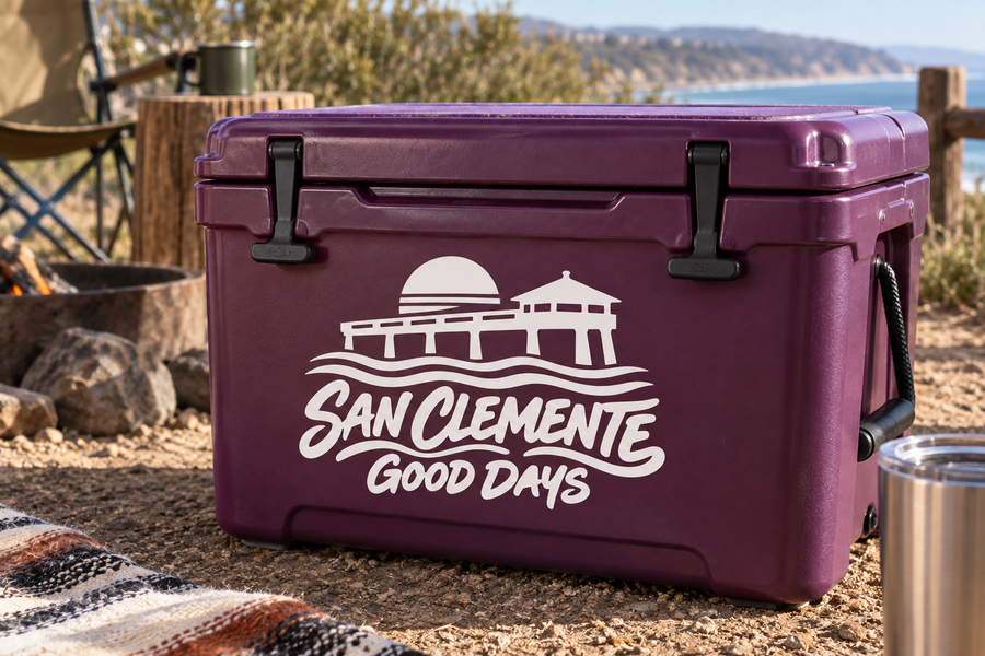 San Clemente Good Days vinyl decal, white pierhouse and script on dark purple