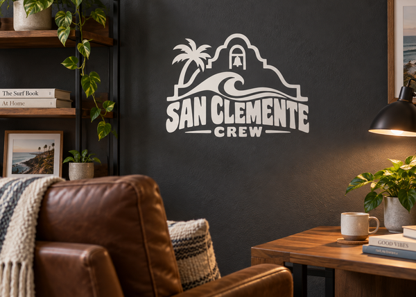 San Clemente Crew vinyl decal with palm, arch, wave and SAN CLEMENTE lettering