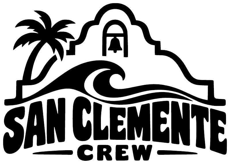 San Clemente Crew vinyl decal with palm, arch, wave and SAN CLEMENTE type