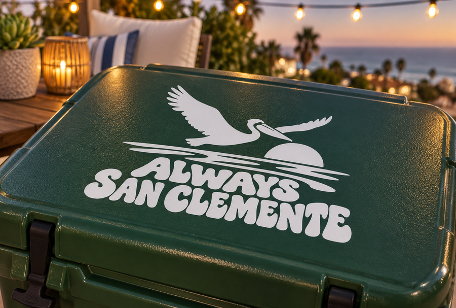 Vinyl decal with white bird, swoosh lines, and 'ALWAYS SAN CLEMENTE' text