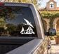 Vinyl decal showing white swallow and arch building silhouette on car window