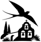 Vinyl decal graphic with black swallow flying over arch icon with bells and trees