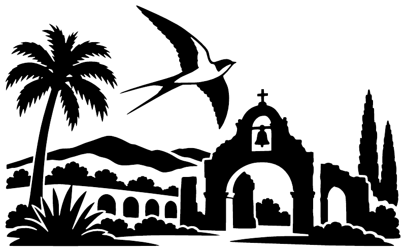 Vinyl decal silhouette of palm trees, swallow bird, and arched mission horizon skyline