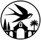 Circular vinyl decal showing black swallow, arch crest, palms, and gates in white