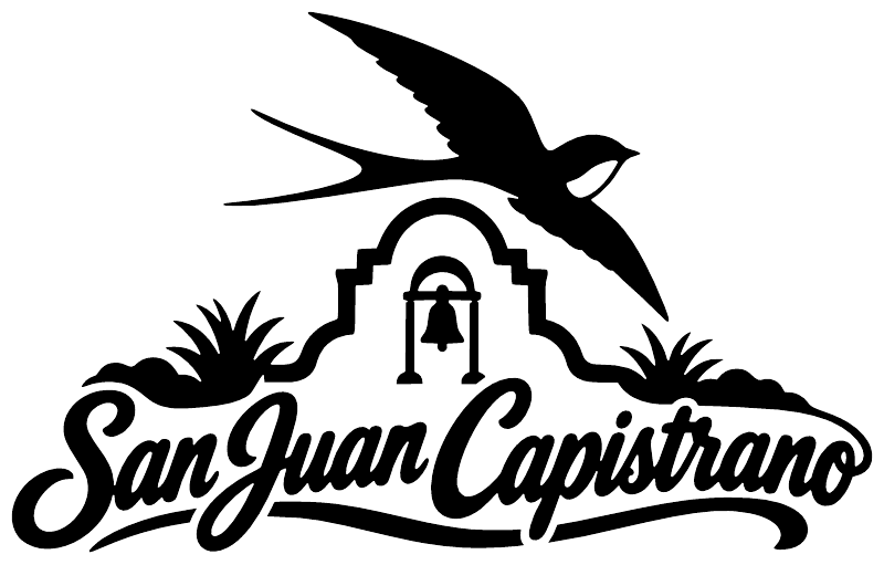Vinyl decal graphic: white swallow over arch and San Juan Capistrano script wordmark