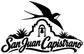 Vinyl decal graphic: white swallow over arch and San Juan Capistrano script wordmark