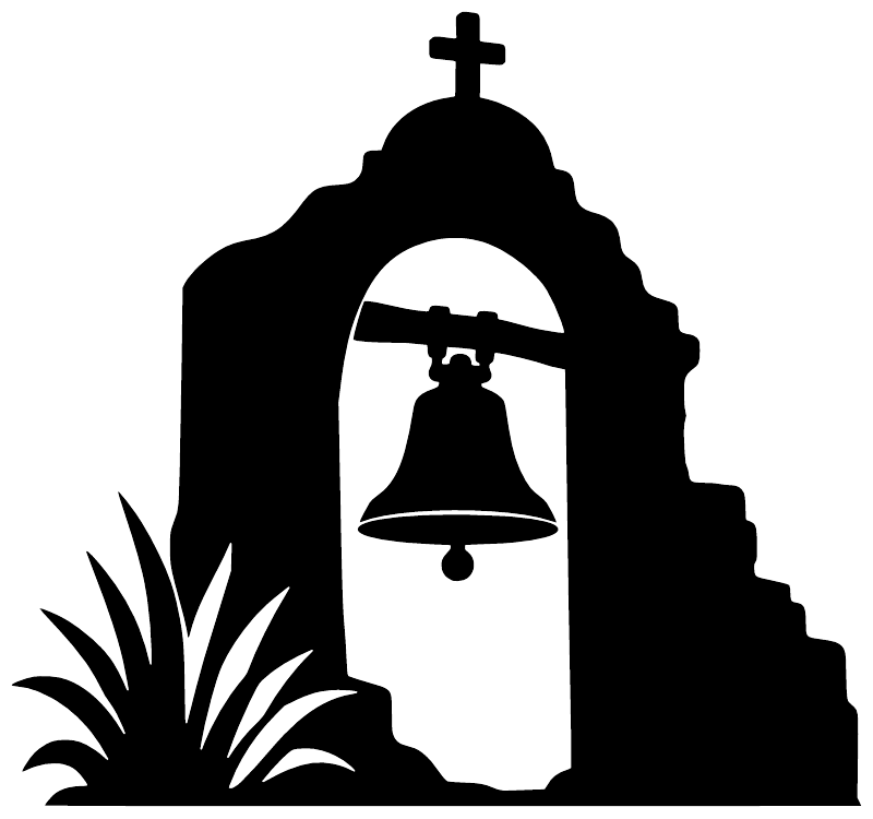 Mission bell vinyl decal icon with church silhouette and bell