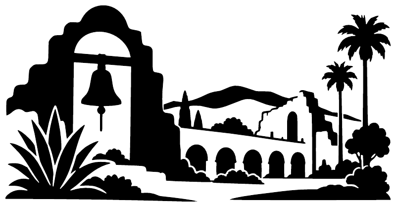 Black mission bell vinyl decal silhouette with palm trees and arches on white background