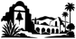 Black mission bell vinyl decal silhouette with palm trees and arches on white background