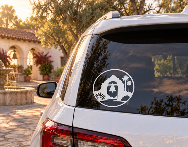 Round vinyl decal with black bell tower silhouette, palm trees, and circular border.
