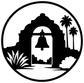 Round vinyl decal graphic: black bell tower with hanging bell, palms, and foliage.
