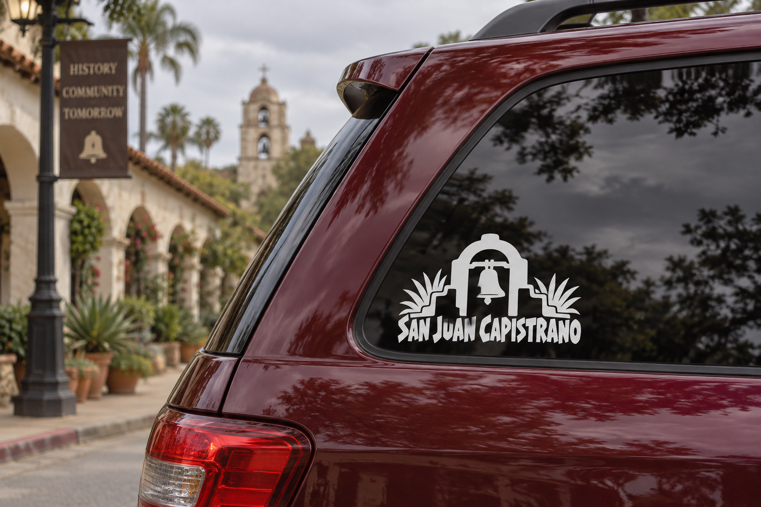 San Juan Capistrano mission bell vinyl wordmark decal on car