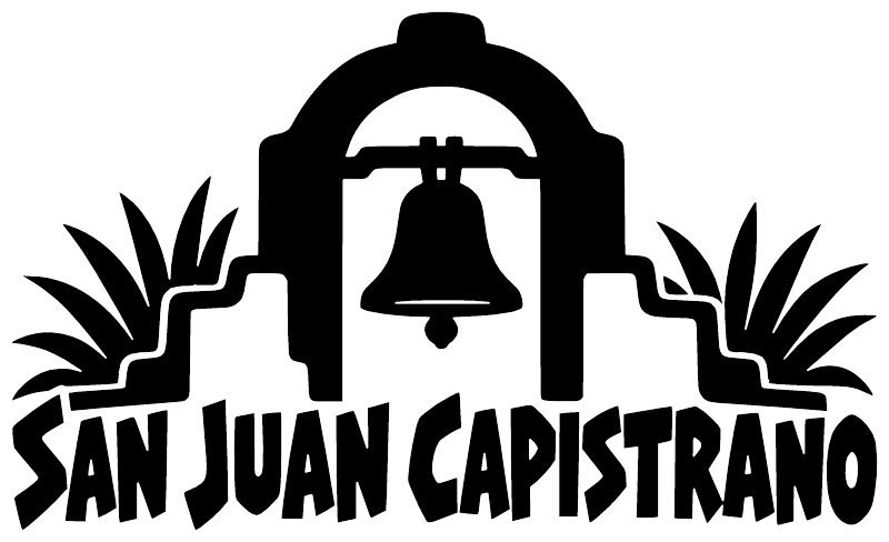 Black and white San Juan Capistrano mission bell vinyl wordmark decal