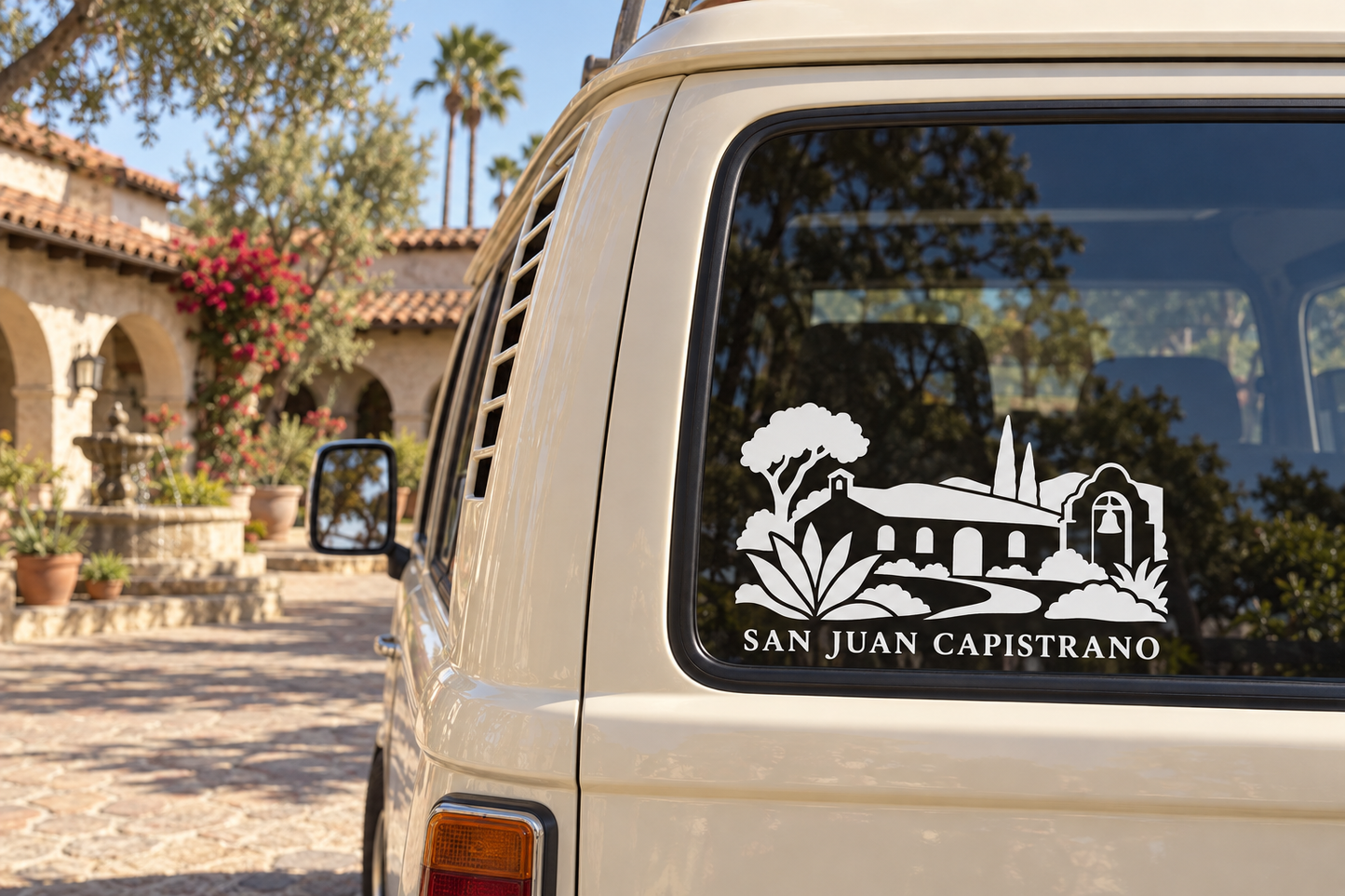 Black and white San Juan Capistrano historic cottage horizon vinyl decal on car window