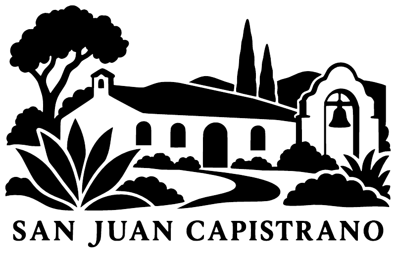 San Juan Capistrano horizon vinyl decal with cottage, trees, and 'SAN JUAN CAPISTRANO' text