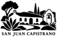 San Juan Capistrano horizon vinyl decal with cottage, trees, and 'SAN JUAN CAPISTRANO' text