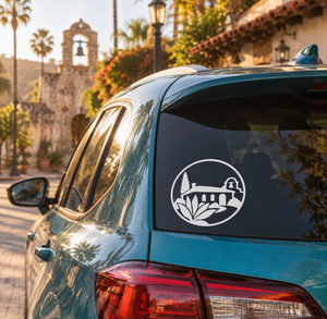 Vinyl decal crest: circular white landmark silhouette on car window