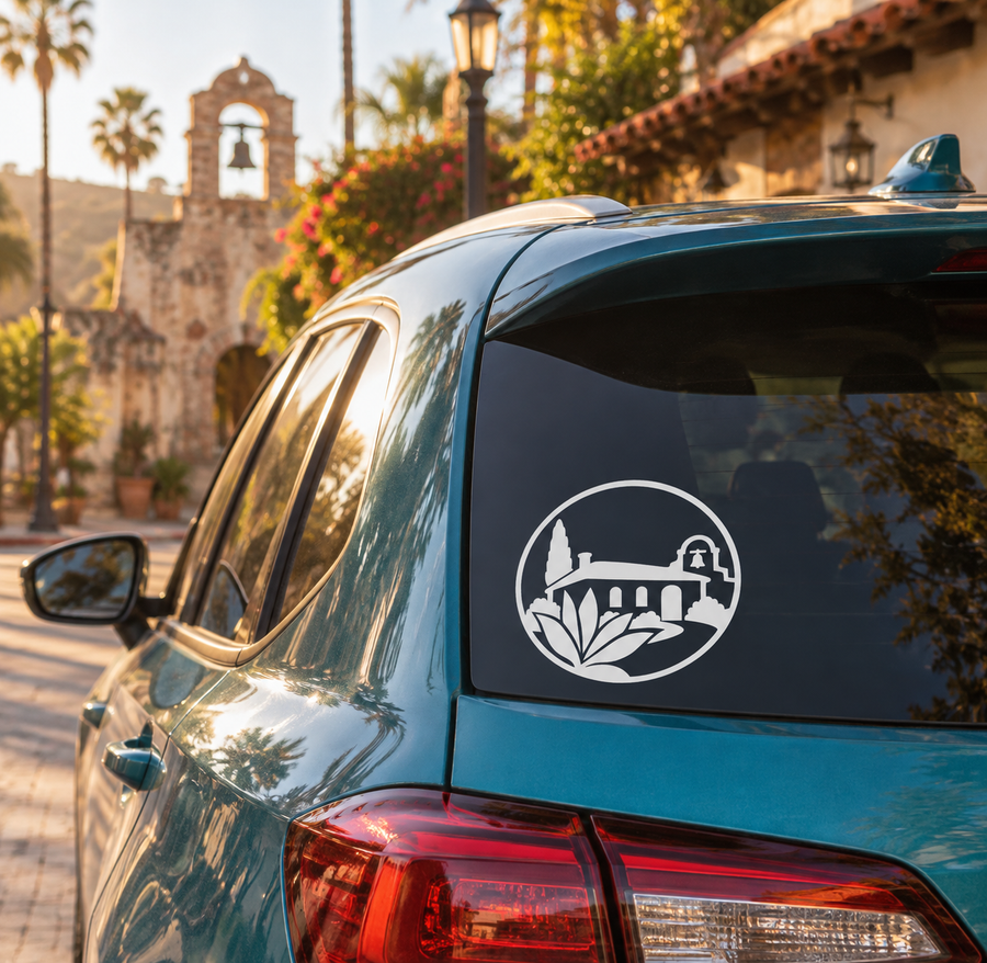Vinyl decal crest: circular white landmark silhouette on car window
