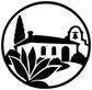 Vinyl decal crest: black-and-white circular emblem with bell and courtyard