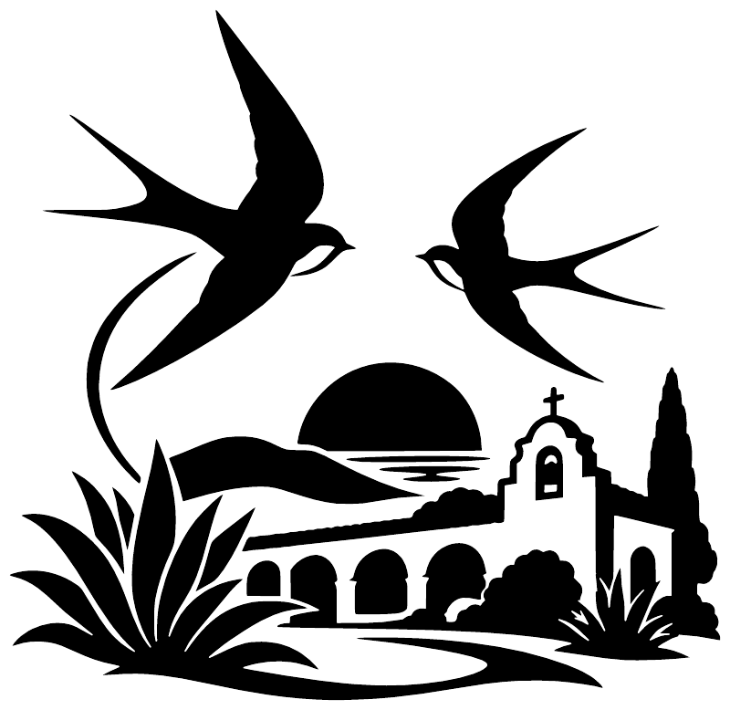 Black vinyl swallow sunset icon decal with two birds over church and grasses