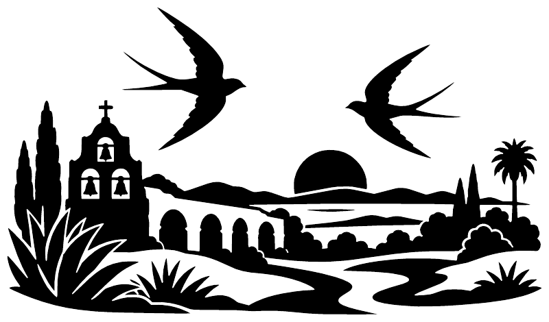 Black vinyl decal silhouette of twin swallows, mission, palms, and sunset horizon landscape