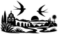 Black vinyl decal silhouette of twin swallows, mission, palms, and sunset horizon landscape