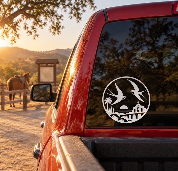 Vinyl decal: circular white crest with swallows, palm trees, and church silhouette on window