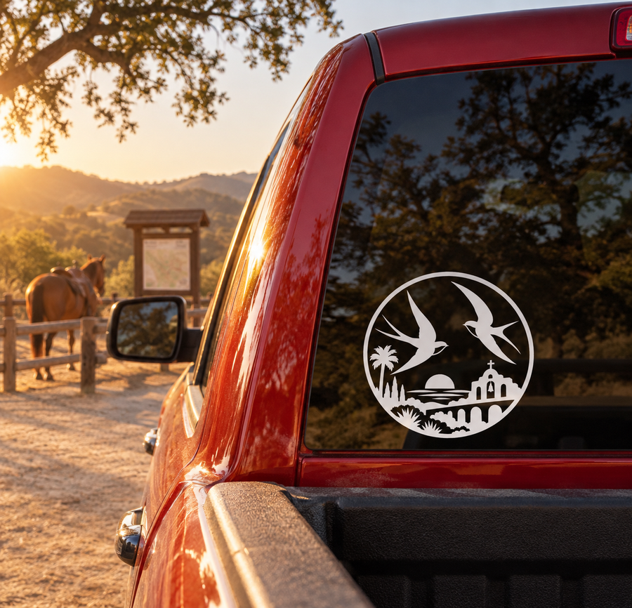 Vinyl decal: circular white crest with swallows, palm trees, and church silhouette on window