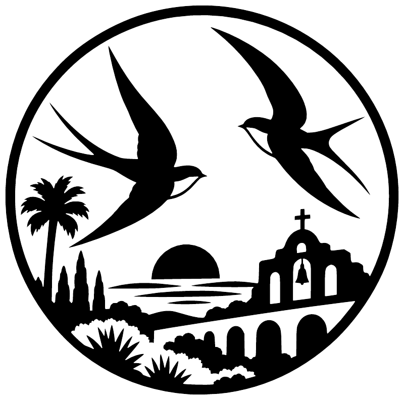 Vinyl decal closeup: circular black swallows over palm trees and church scene, white border
