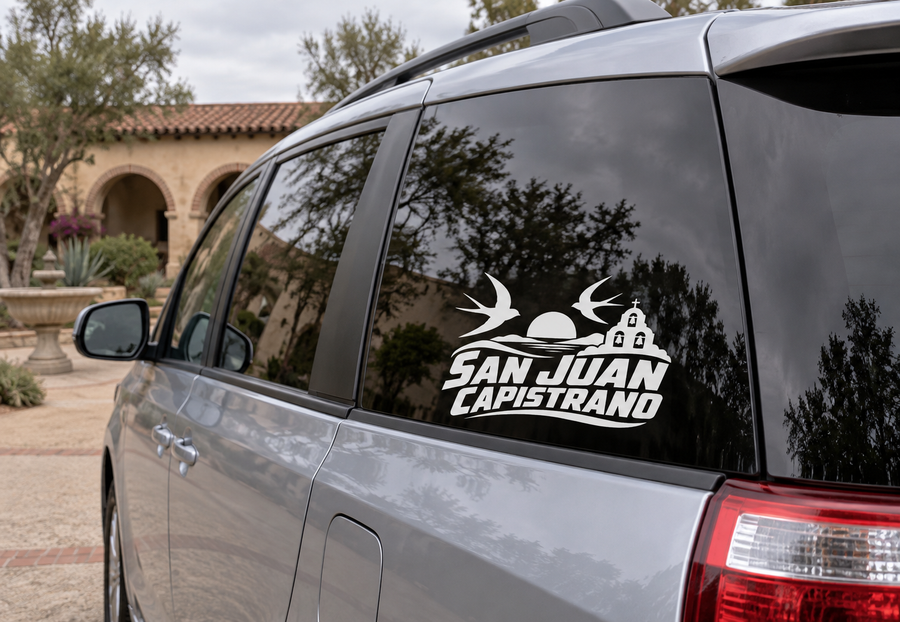 Car window vinyl decal with black swallow and 'SAN JUAN CAPISTRANO' wordmark