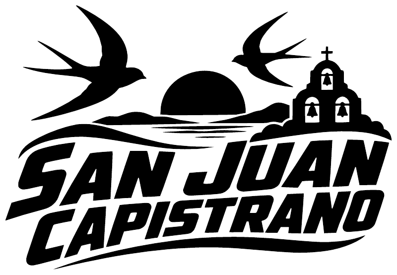 Black vinyl decal with swallow sunset scene and bold 'SAN JUAN CAPISTRANO' lettering