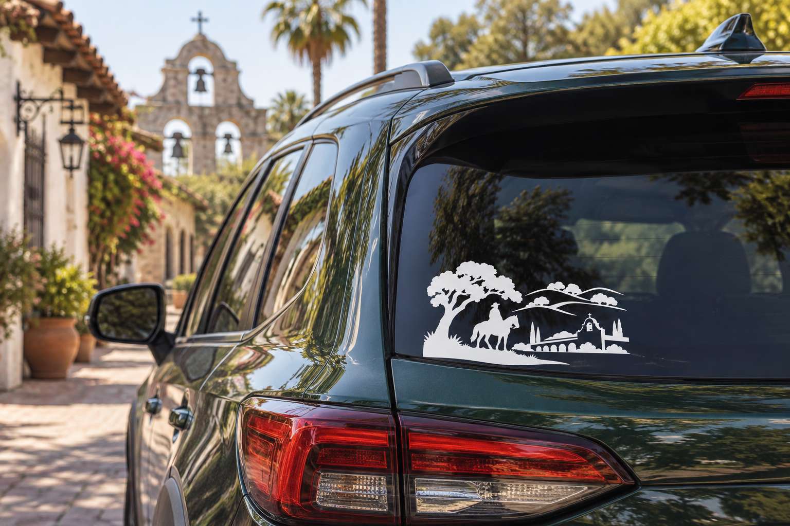 Vinyl decal silhouette of rider on horse with trees and church scene for car window