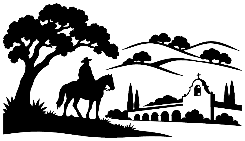 Black vinyl decal silhouette: horse rider, large tree, church and landscape