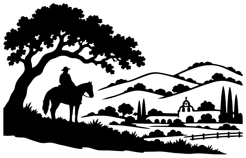 White silhouette vinyl decal showing horse rider, large tree, and desert scenery