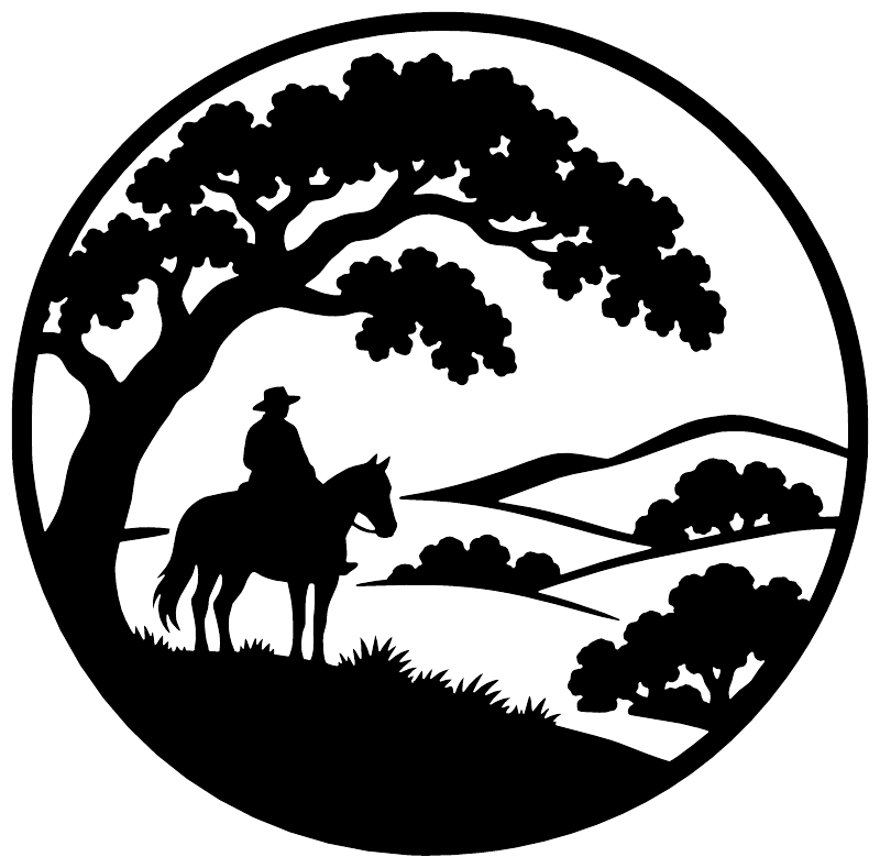 Close-up of round vinyl decal: black horse rider silhouette beneath an oak tree