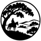 Close-up of round vinyl decal: black horse rider silhouette beneath an oak tree