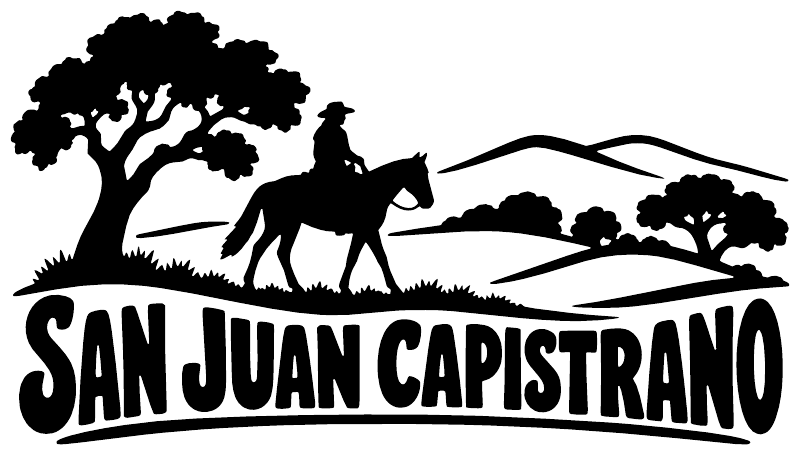 San Juan Capistrano rider scene vinyl decal, black silhouette wordmark and horse