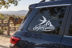 San Juan Capistrano classic lettering vinyl decal on car window, bird and mission icon