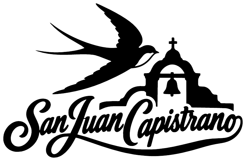 Black San Juan Capistrano vinyl decal with bird, mission bell, and script lettering