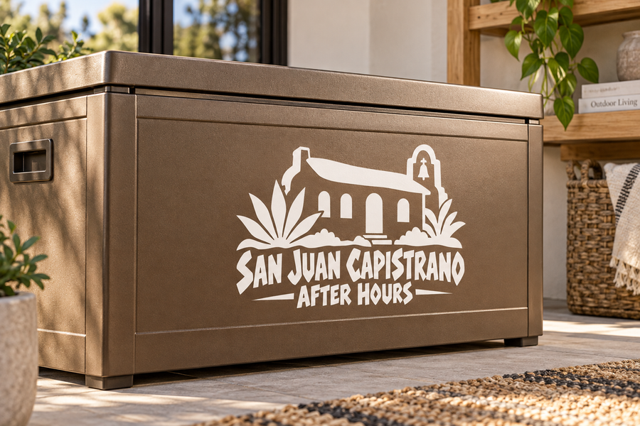 White vinyl decal with San Juan Capistrano after-hours building and lettering