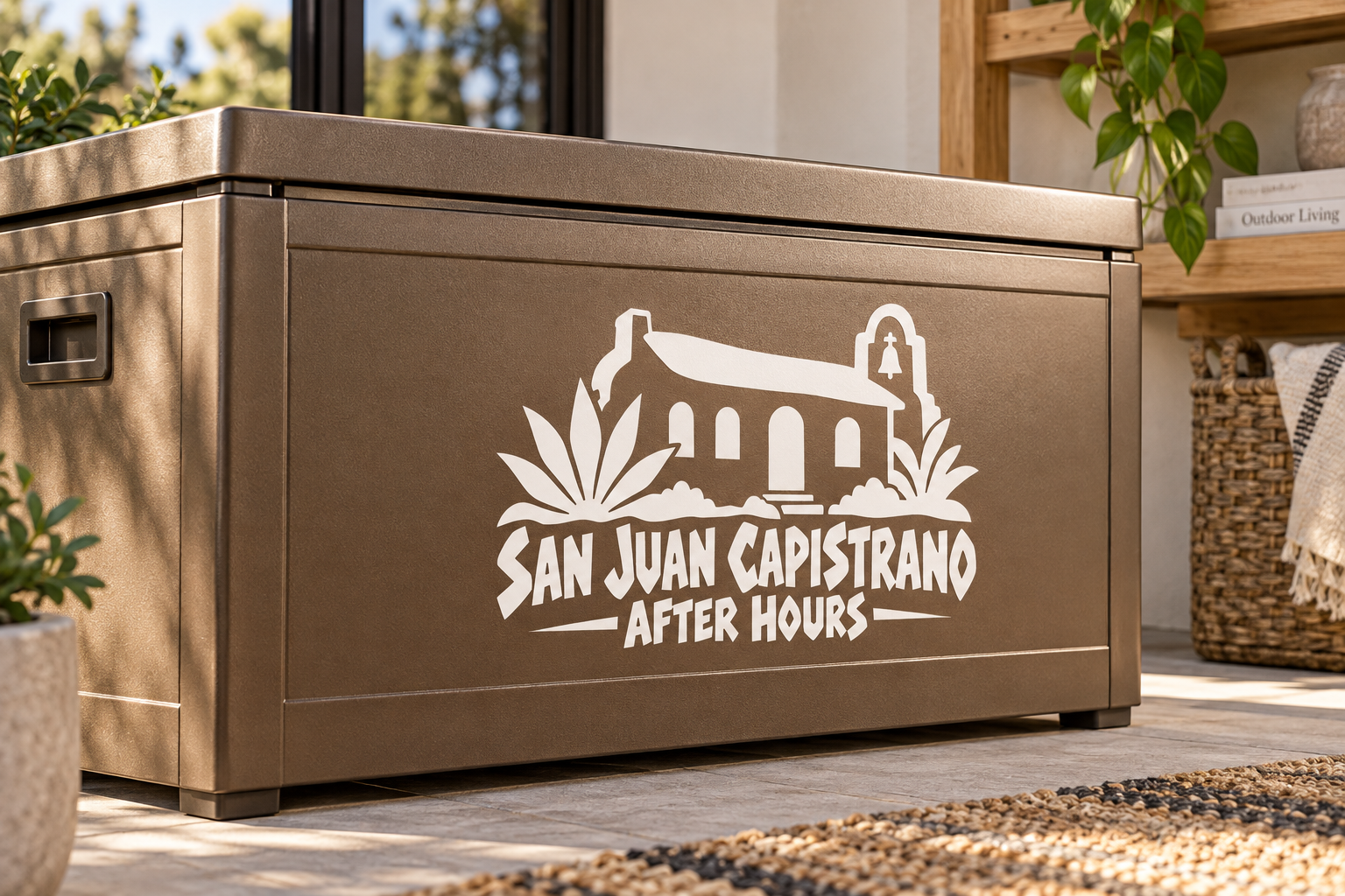White vinyl decal with San Juan Capistrano after-hours building and lettering