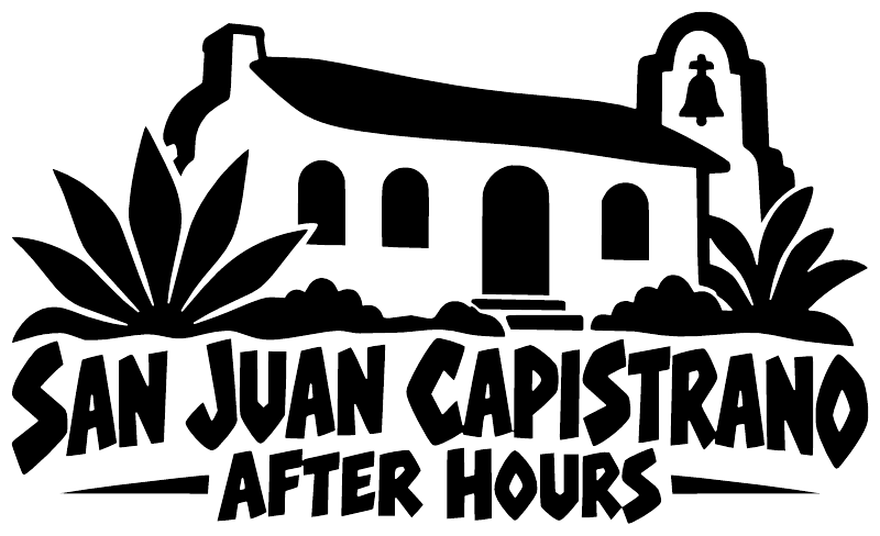 Black-and-white vinyl decal: building silhouette, palm leaves, 'SAN JUAN CAPISTRANO AFTER HOURS'