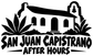 Black-and-white vinyl decal: building silhouette, palm leaves, 'SAN JUAN CAPISTRANO AFTER HOURS'
