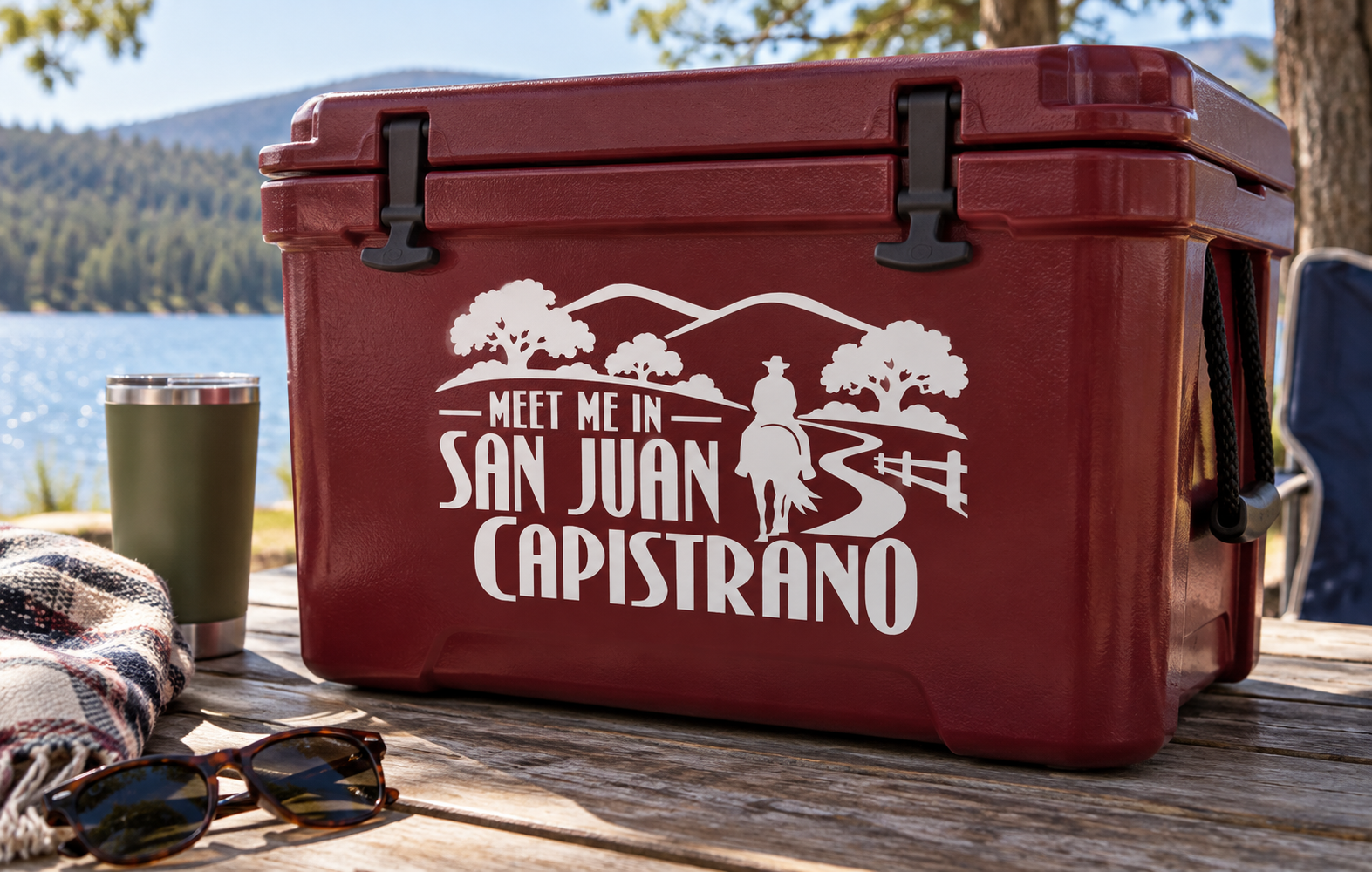 White meet-me vinyl decal: 'Meet Me In San Juan Capistrano' with cowboy and fence.
