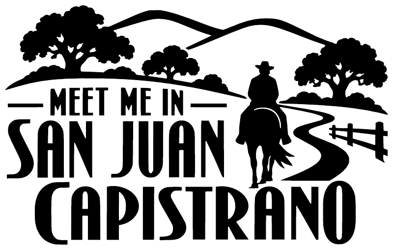 Black meet-me vinyl decal: 'Meet Me In San Juan Capistrano' with cowboy and fence.