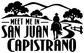 Black meet-me vinyl decal: 'Meet Me In San Juan Capistrano' with cowboy and fence.